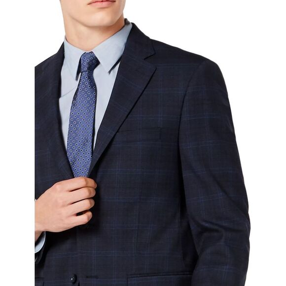 Calvin Klein Mens Slim-Fit Wool Plaid Suit Jacket 36 Regular Navy - NWT $450